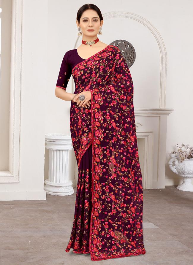 Resham  Purple Traditional Wear Embroidery Work Saree